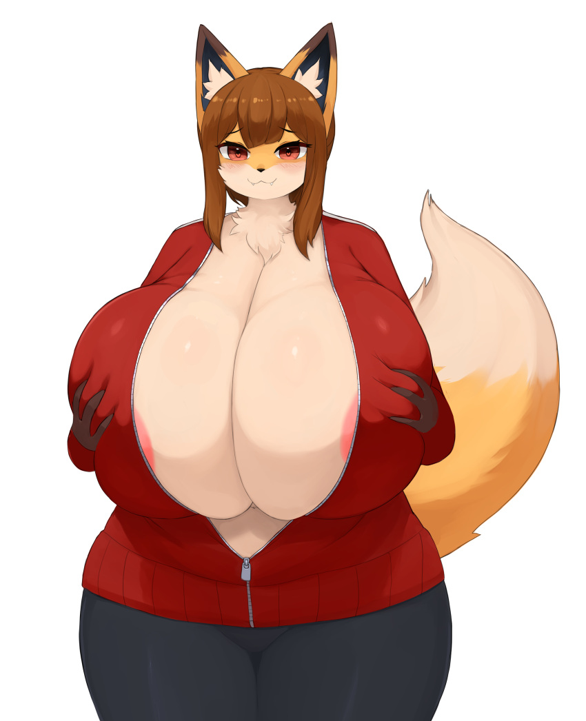 &lt;3_pupils absurd_res allysia_(killy) anthro areola areola_slip big_breasts breast_squish breasts brown_hair canid canine countershading curvy_figure cute_fangs dipstick_tail female female_anthro fox fur hair hi_res holding_breast huge_breasts inake kemono mammal markings neck_tuft orange_body orange_fur solo squish tail_markings thick_thighs track_jacket tuft unzipped voluptuous wide_hips