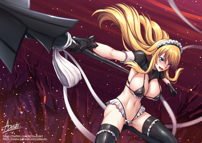 1girl :d adsouto bangs bikini black_bikini black_gloves black_thighhighs blonde_hair blue_eyes blush breasts cleavage elina floating_hair frilled_bikini frilled_thighhighs frills gloves hair_between_eyes highleg highleg_bikini highres holding holding_polearm holding_weapon large_breasts long_hair looking_at_viewer maid_bikini maid_headdress navel outdoors polearm queen's_blade shiny shiny_clothes shiny_hair shiny_legwear shrug_(clothing) sideboob signature smile solo swimsuit thighhighs very_long_hair watermark weapon web_address