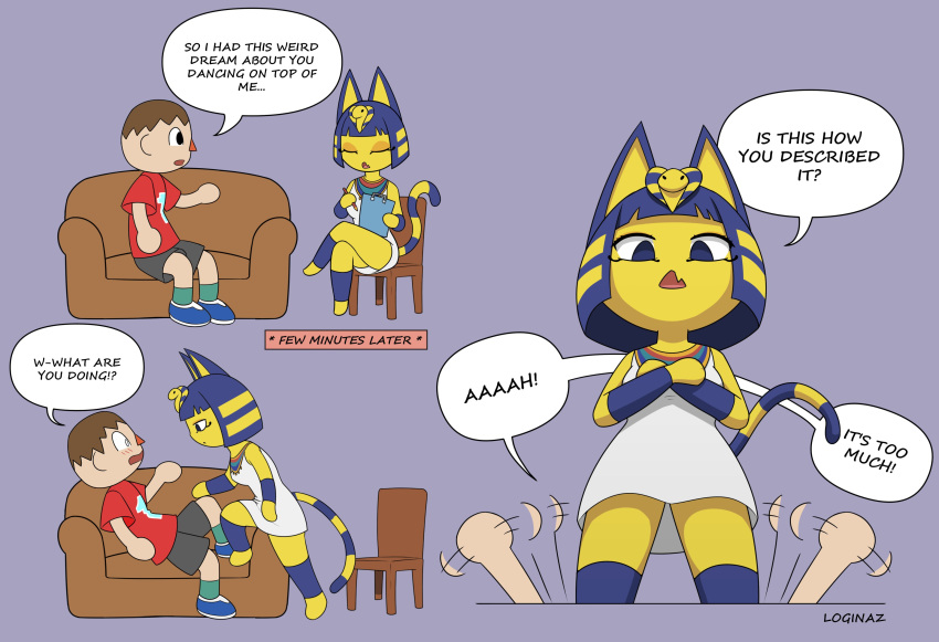 absurd_res animal_crossing ankha_(animal_crossing) ankha_zone anthro bob_cut chair clothing comic crossed_arms dialogue domestic_cat dominant dominant_female duo english_text eyes_closed featureless_feet felid feline felis female furniture hi_res human kalasiris loginaz looking_down looking_up male male/female mammal nintendo notebook pencil_(object) red_clothing sofa stencil stepped_on submissive submissive_male text uraeus usekh video_games villager_(animal_crossing) waving_arms wide_eyed