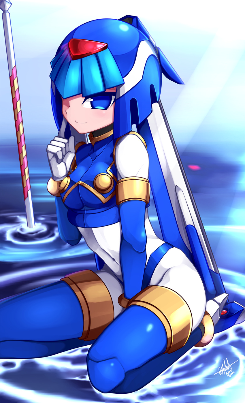 1girl absurdres android blue_eyes boots breasts closed_mouth gloves helmet highres index_finger_raised leviathan_(mega_man) looking_at_viewer mega_man_(series) mega_man_x_dive mega_man_zero nanayaryuoo polearm ripples sitting spear thigh_boots thighhighs water weapon white_gloves