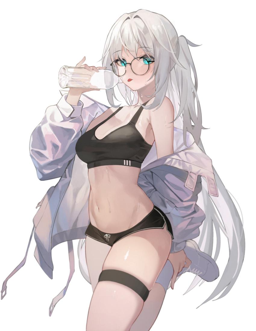 1girl absurdres bare_shoulders black-framed_eyewear black_shorts black_sports_bra blue_eyes bottle breasts chukibabo2 crop_top dolphin_shorts drawstring glasses hand_up highres holding holding_bottle jacket leg_up long_hair long_sleeves looking_at_viewer medium_breasts micro_shorts midriff navel off_shoulder open_clothes open_jacket original ponytail round_eyewear shoes shorts simple_background skindentation sleeveless socks solo sports_bra stomach sweat taut_clothes thigh_strap thighs tongue tongue_out very_long_hair white_background white_footwear white_hair white_jacket white_socks