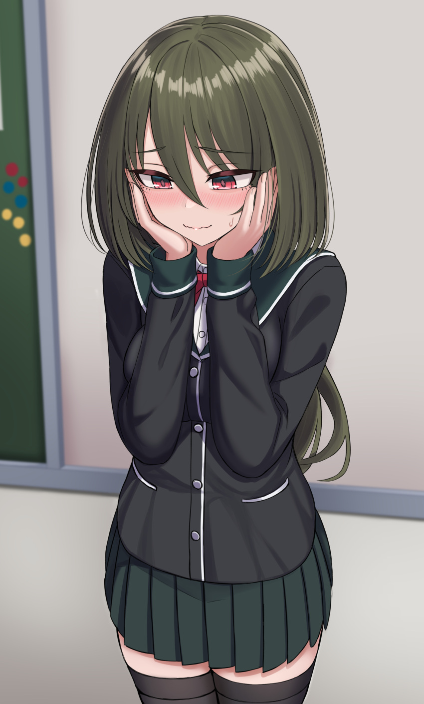 1girl absurdres black_jacket black_thighhighs blazer blush buttons closed_mouth cowboy_shot green_hair green_skirt hair_between_eyes hands_on_own_cheeks hands_on_own_face highres jacket long_hair long_sleeves original pleated_skirt red_eyes sayano_(yakob_labo) school_uniform skirt solo thighhighs yakob_labo