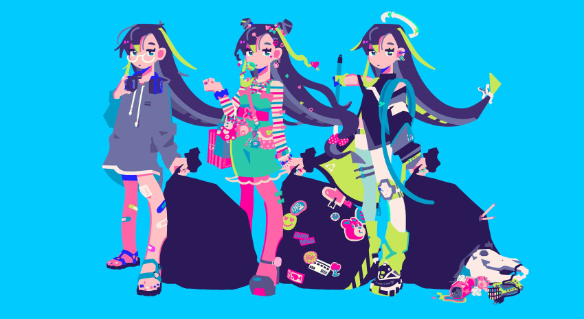 3girls animal_skull aqua_eyes aqua_nails bag bandaid bandaid_on_leg bead_bracelet bead_necklace beads belt black_footwear black_hair blue_background blue_nails bow bracelet bubble_blowing chewing_gum decora double_bun dress ear_piercing earrings flat_color full_body green_dress green_socks grey_hoodie hai!_hai!_hai!_hai!_hai!_hai!_(vocaloid) hair_bow hair_bun hair_ornament halo headphones headphones_around_neck highres holding holding_bag hood hoodie jewelry knee_pads long_hair looking_at_viewer loose_socks mechanical_halo multiple_earrings multiple_girls nail_polish necklace no_lineart official_art pantyhose piercing pink_belt pink_bow pink_nails pink_pantyhose ponsuke_kaikai rubik's_cube scrunchie shirt shoes simple_background single_knee_pad sleeveless sleeveless_dress sneakers socks standing star_(symbol) star_hair_ornament star_necklace sticker striped striped_shirt toenail_polish toenails trash trash_bag variations very_long_hair wrist_scrunchie