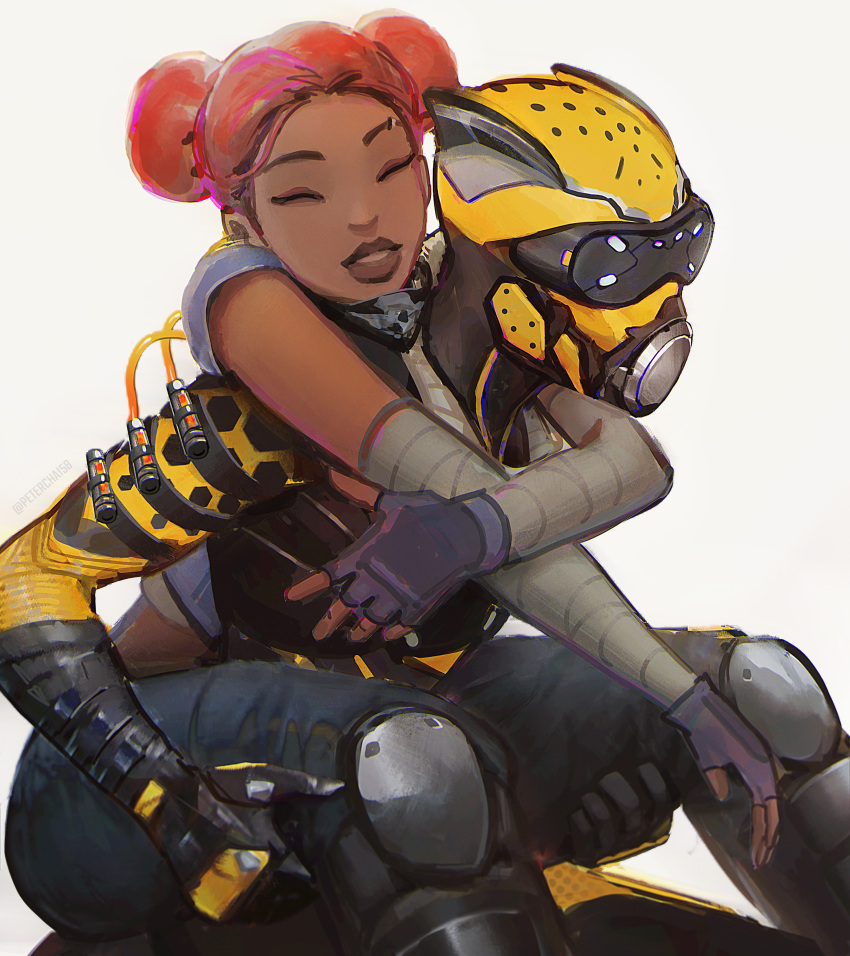 1boy 1girl ^_^ absurdres apex_legends bad_to_the_bone_lifeline black_gloves blue_shirt bodysuit cable carrying closed_eyes dark-skinned_female dark_skin denim double_bun fingerless_gloves gloves hair_bun helmet highres jeans knee_pads lifeline_(apex_legends) octane_(apex_legends) official_alternate_costume pants peter_chai piggyback red_hair shirt simple_background smile white_background wild_speed_octane yellow_bodysuit