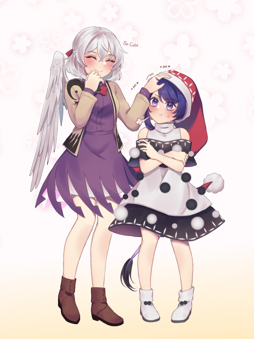 2girls :t =3 ^_^ absurdres black_dress blue_hair blush boots brown_footwear brown_jacket capelet closed_eyes commentary crossed_arms doremy_sweet dress english_text feathered_wings full_body gradient gradient_background grey_hair hand_on_another's_head hat headpat height_difference highres jacket kishin_sagume multicolored_clothes multicolored_dress multiple_girls nightcap pom_pom_(clothes) pout purple_dress purple_eyes red_headwear sakikagami single_wing smile standing tail tapir_tail touhou white_dress white_footwear white_wings wings