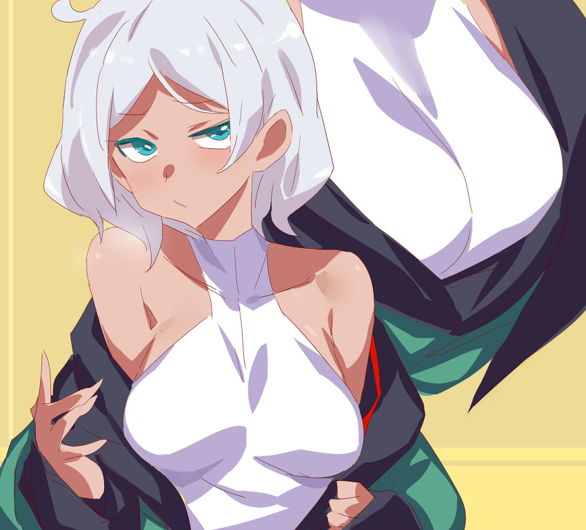 1girl ahoge aqua_eyes bare_shoulders breasts collarbone covered_navel dark-skinned_female dark_skin gundam gundam_suisei_no_majo halterneck highres light_purple_hair looking_at_viewer medium_breasts mobile_suit_gundam nail_polish off_shoulder secelia_dote shirt short_hair skin_tight sleeveless sleeveless_shirt upper_body white_shirt yellow_background yostxxx