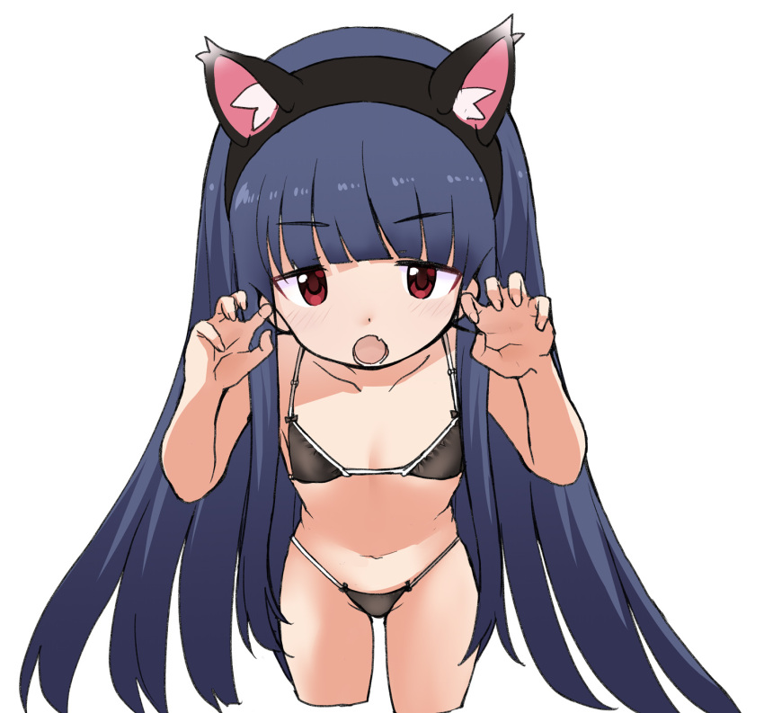 1girl animal_ear_fluff animal_ears arms_up bangs bikini black_bikini blue_hair blunt_bangs breasts cat_ears claw_pose fake_animal_ears fang highres idolmaster idolmaster_cinderella_girls long_hair looking_at_viewer ookamiuo open_mouth red_eyes sajo_yukimi simple_background small_breasts solo swimsuit very_long_hair white_background