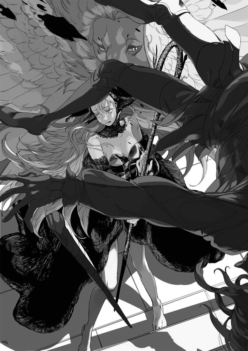 1boy 1girl bangs bare_legs bare_shoulders barefoot blood boots breasts death debris detached_collar detached_sleeves dungeon_meshi ear_covers edo_mond_(edoedoedomond) elf feathered_wings floating_hair flying from_above greyscale head_out_of_frame highres holding holding_staff hood hood_up legs_apart long_hair long_sleeves looking_at_another looking_away looking_to_the_side marcille mithrun monochrome outstretched_arm pants pointy_ears puffy_long_sleeves puffy_sleeves scared short_hair spoilers staff standing symbol-shaped_pupils thigh_boots winged_lion_(dungeon_meshi) wings