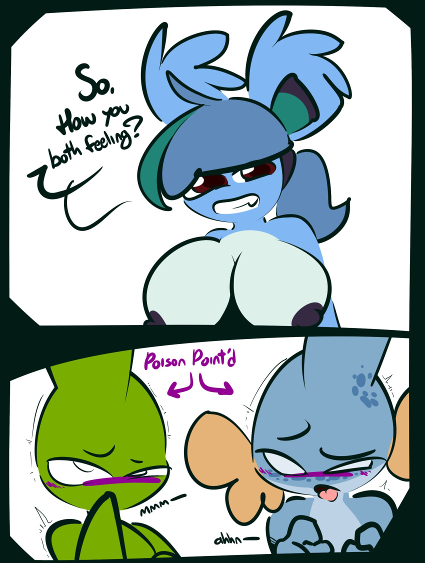 1-upclock absurd_res anthro big_breasts black_nipples breasts dialogue english_text female generation_1_pokemon generation_2_pokemon generation_3_pokemon green_hair group hair hand_on_mouth hi_res jay_(1-upclock) larvitar mabel_(1-upclock) male male/female moan mudkip nidoqueen nintendo nipples no_pupils open_mouth paula_(1-upclock) pokemon pokemon_(species) smile sound_effects text tongue trio video_games