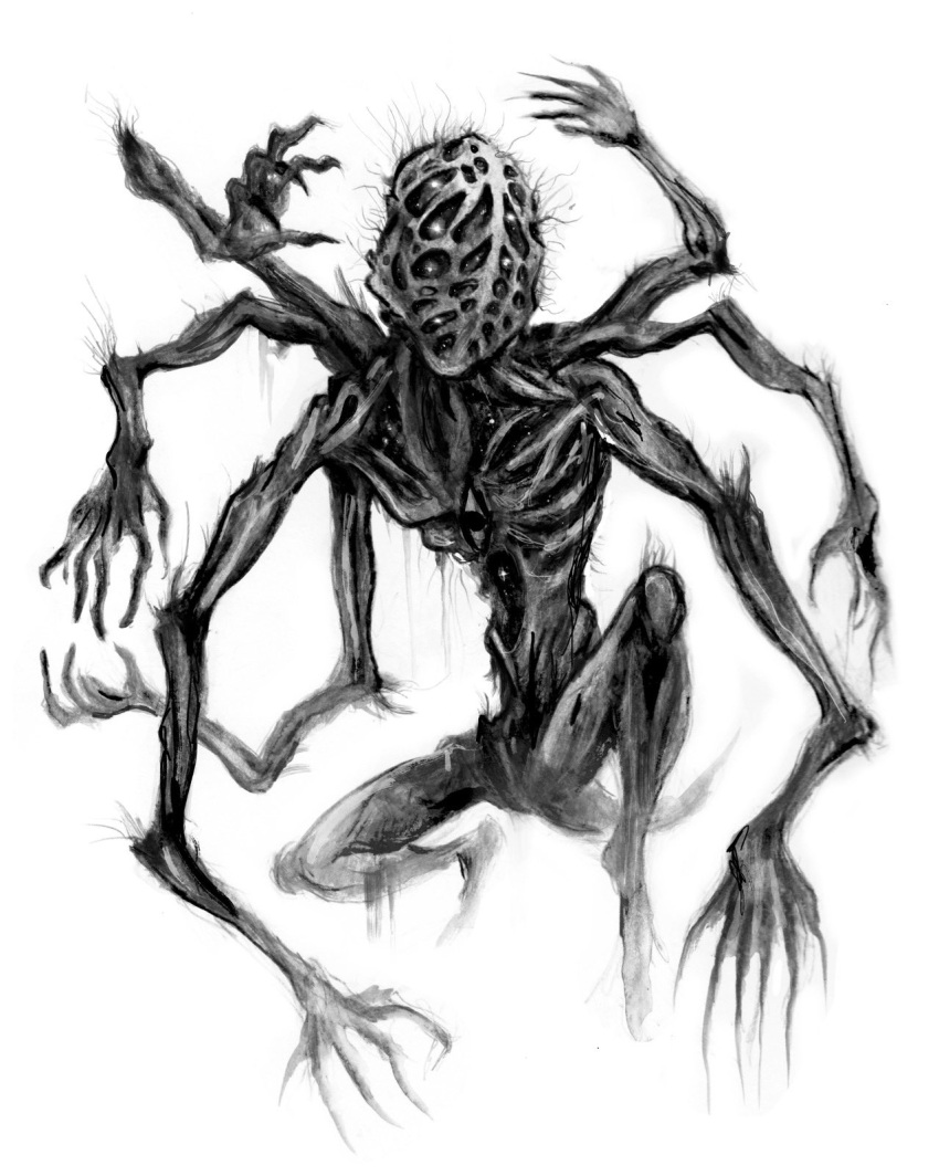 amygdala bloodborne bserway claws eldritch_abomination emaciated extra_arms greyscale highres horror_(theme) monochrome no_humans too_many_eyes