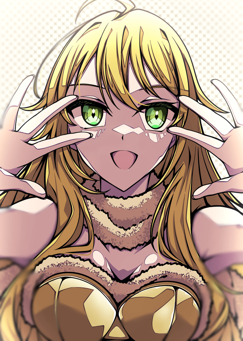 1girl :d absurdres ahoge blonde_hair breasts cleavage green_eyes highres hoshii_miki idolmaster idolmaster_(classic) kakuzatou_(cubesugar03196) long_hair looking_at_viewer medium_breasts open_mouth outstretched_hand smile solo straight_hair upper_body very_long_hair