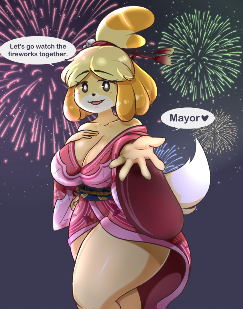 &lt;3 5_fingers accessory animal_crossing anthro asian_clothing big_breasts breasts canid canine canis cleavage clothed clothing dialogue digital_media_(artwork) domestic_dog east_asian_clothing english_text female fingers fireworks fur hair hair_accessory hair_bell hair_ribbon hand_on_breast heart_after_text hi_res inviting isabelle_(animal_crossing) japanese_clothing kimono looking_at_viewer mammal night nintendo open_mouth outside reaching_out reaching_towards_viewer ribbons shih_tzu smile solo speech_bubble startop talking_to_viewer text thick_thighs tongue toy_dog video_games yellow_body yellow_fur