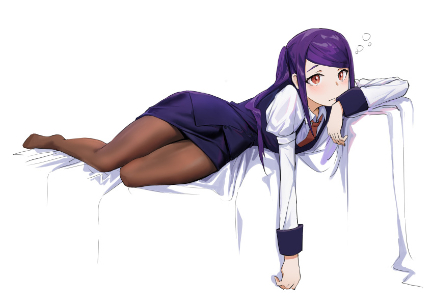 1girl brown_pantyhose highres jill_stingray lying necktie on_side pantyhose purple_hair red_eyes shirt simple_background skirt solo va-11_hall-a white_background xiaomai_yorik