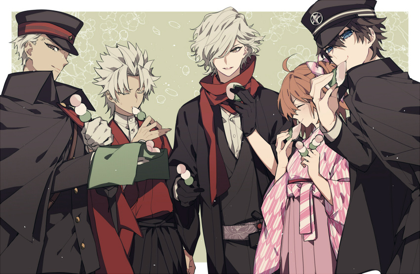 1girl 4boys ahoge amakusa_shirou_(fate) archer_(fate) black_gloves black_hair blue_eyes closed_eyes cowboy_shot dango eating edmond_dantes_(fate) fate/grand_order fate_(series) food fujimaru_ritsuka_(female) fujimaru_ritsuka_(male) gloves hair_between_eyes hair_over_eyes hat highres holding holding_food long_sleeves looking_at_another looking_at_viewer multiple_boys orange_hair ponytail red_scarf scarf smile sweatdrop syubare upper_body wagashi white_hair