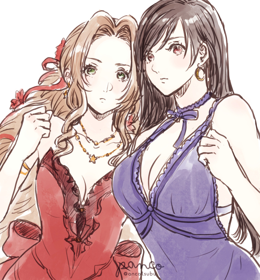 2girls aerith_gainsborough ancotsubu artist_name bangs bare_arms black_hair breasts choker cleavage clenched_hand crescent crescent_earrings dress earrings fighting_stance final_fantasy final_fantasy_vii final_fantasy_vii_remake flamenco_dress flower green_eyes hair_between_eyes hair_flower hair_ornament hair_ribbon highres jewelry large_breasts long_hair looking_at_viewer medium_breasts multiple_girls multiple_necklaces official_alternate_costume parted_bangs pony purple_dress red_dress red_eyes red_flower red_ribbon ribbon ribbon_choker ringlets sidelocks sketch strapless strapless_dress tifa_lockhart twitter_username upper_body white_background