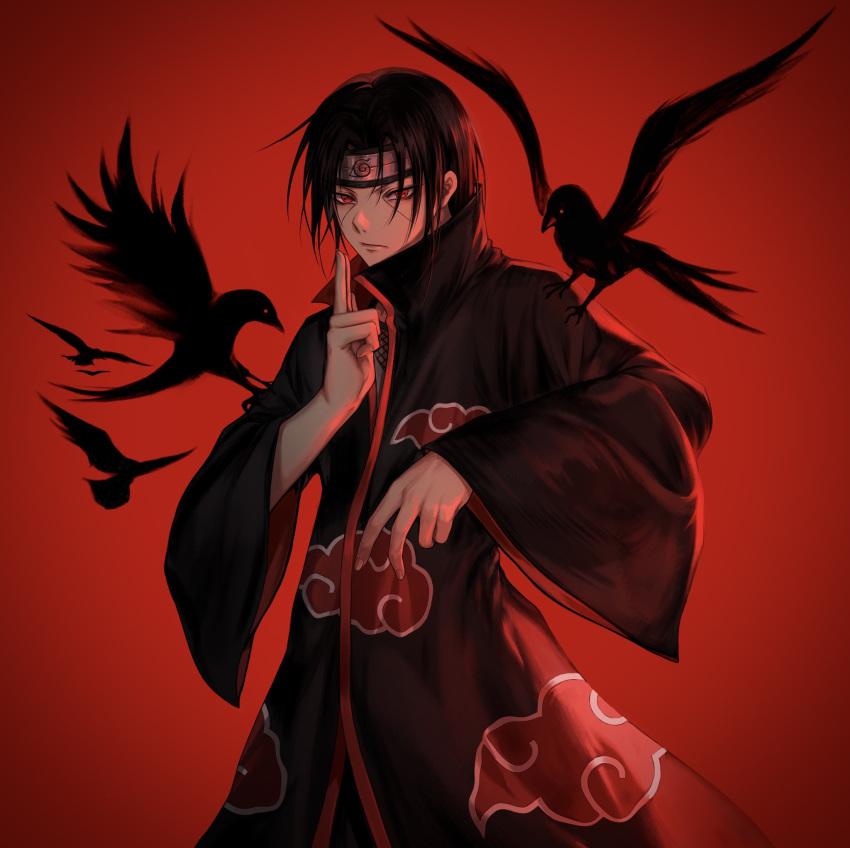 1boy akatsuki_uniform bird black_hair cloud_print crow forehead_protector hand_up headband highres kkamiiz konohagakure_symbol korean_commentary looking_at_viewer male_focus naruto naruto_(series) naruto_shippuuden ninja red_background red_eyes sharingan solo uchiha_itachi wide_sleeves