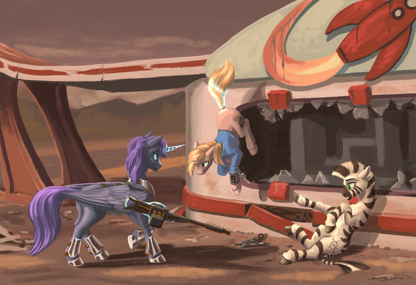 equid equine fallout_equestria female feral foe hasbro hi_res hooves horn horse kirillk littlepip mammal my_little_pony nyx_(mlp) pony post-apocalyptic unicorn weapon winged_unicorn wings xenith_(fallout_equestria) zebra