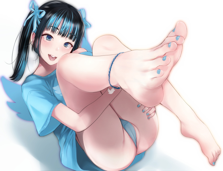 1girl :d anklet ass bangs bare_shoulders barefoot black_hair blue_eyes blue_hair blue_nails blue_panties cameltoe feet highres jewelry leg_up legs lying nail_polish natsui_tuna on_back original panties smile solo teeth toenail_polish toenails toes tongue tongue_out twintails underwear wings