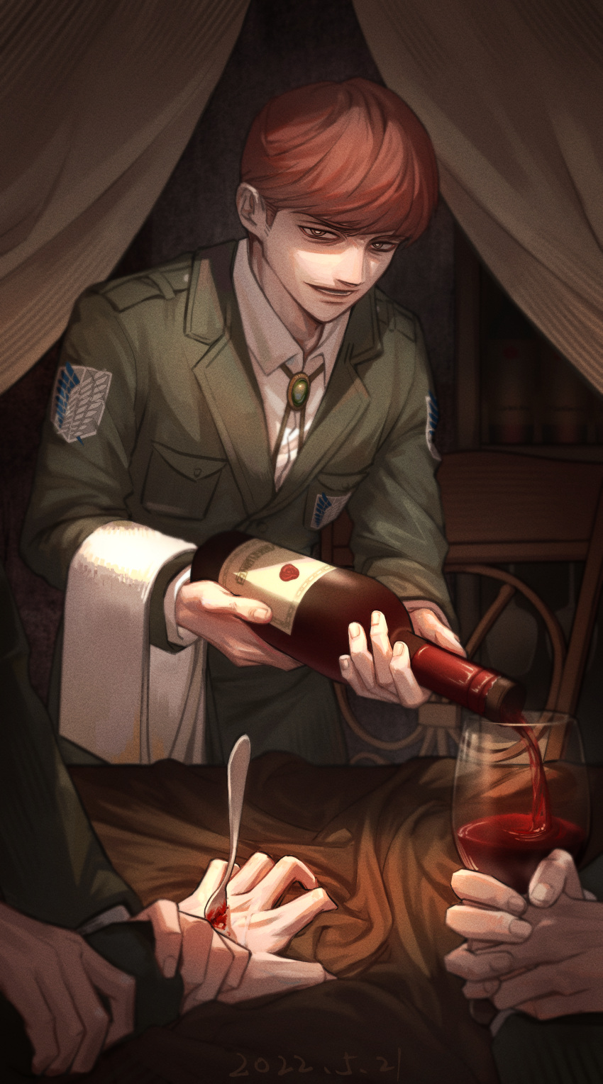 1boy absurdres alcohol bleeding blood blood_on_hands bottle bright_pupils brown_eyes brown_hair chair coat collared_shirt commentary cup curtains dated drinking_glass evil_smile feet_out_of_frame floch_forster fork gem green_coat green_gemstone highres holding holding_bottle indoors injury kou_cha_cha_cha leaning_forward long_sleeves looking_at_viewer male_focus napkin open_mouth pocket pouring shingeki_no_kyojin shirt short_hair smile solo_focus stab standing survey_corps_(emblem) symbol-only_commentary table tablecloth upper_body white_pupils white_shirt wine wine_bottle wine_glass