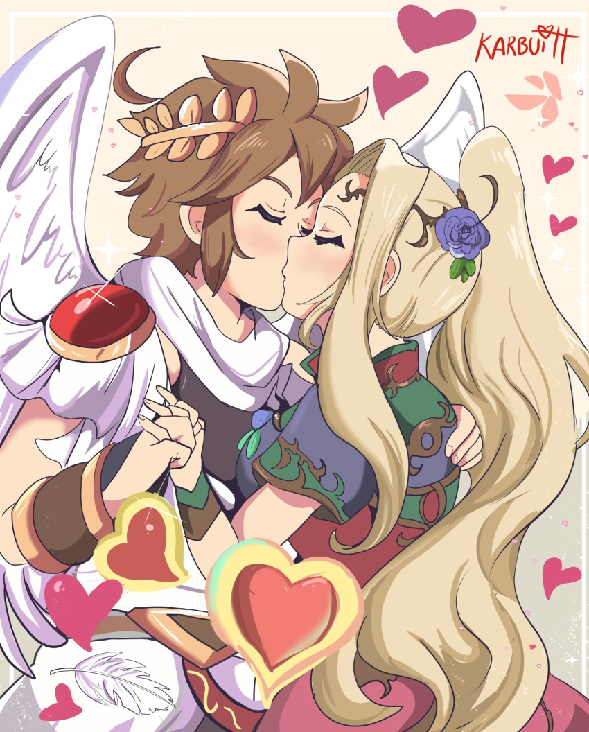 1boy 1girl angel_wings black_shirt blonde_hair blush bracer breasts brown_hair chiton closed_eyes dress feathers flower hair_flower hair_ornament hand_on_another's_back head_wreath heart hetero highres holding_hands interlocked_fingers karbuitt kid_icarus kiss laurel_crown medium_breasts multicolored_clothes multicolored_dress pit_(kid_icarus) ponytail purple_flower purple_rose rose shirt toga viridi wings yellow_background