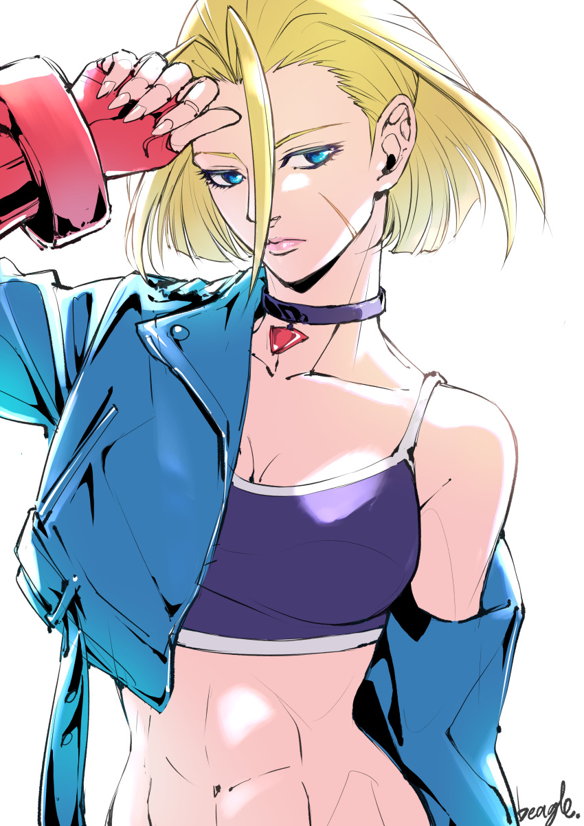 1girl abs absurdres blonde_hair blue_eyes breasts cammy_white choker cleavage closed_mouth fighting_game highres jacket muscular muscular_female navel open_clothes open_jacket scar short_hair signature simple_background street_fighter street_fighter_6 strikebeagle white_background