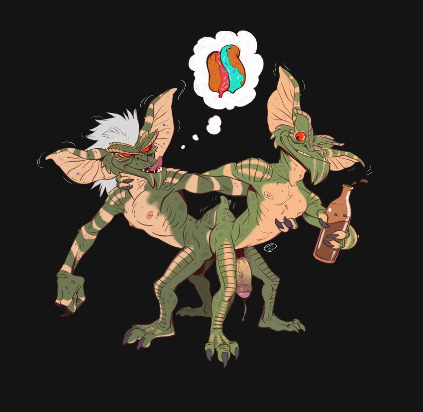 alcohol anthro ass_to_ass beverage bulgemonster duo earl_(gremlins) green_body green_skin gremlin hair hi_res male male/male mammal red_eyes stripe_(gremlins) white_hair