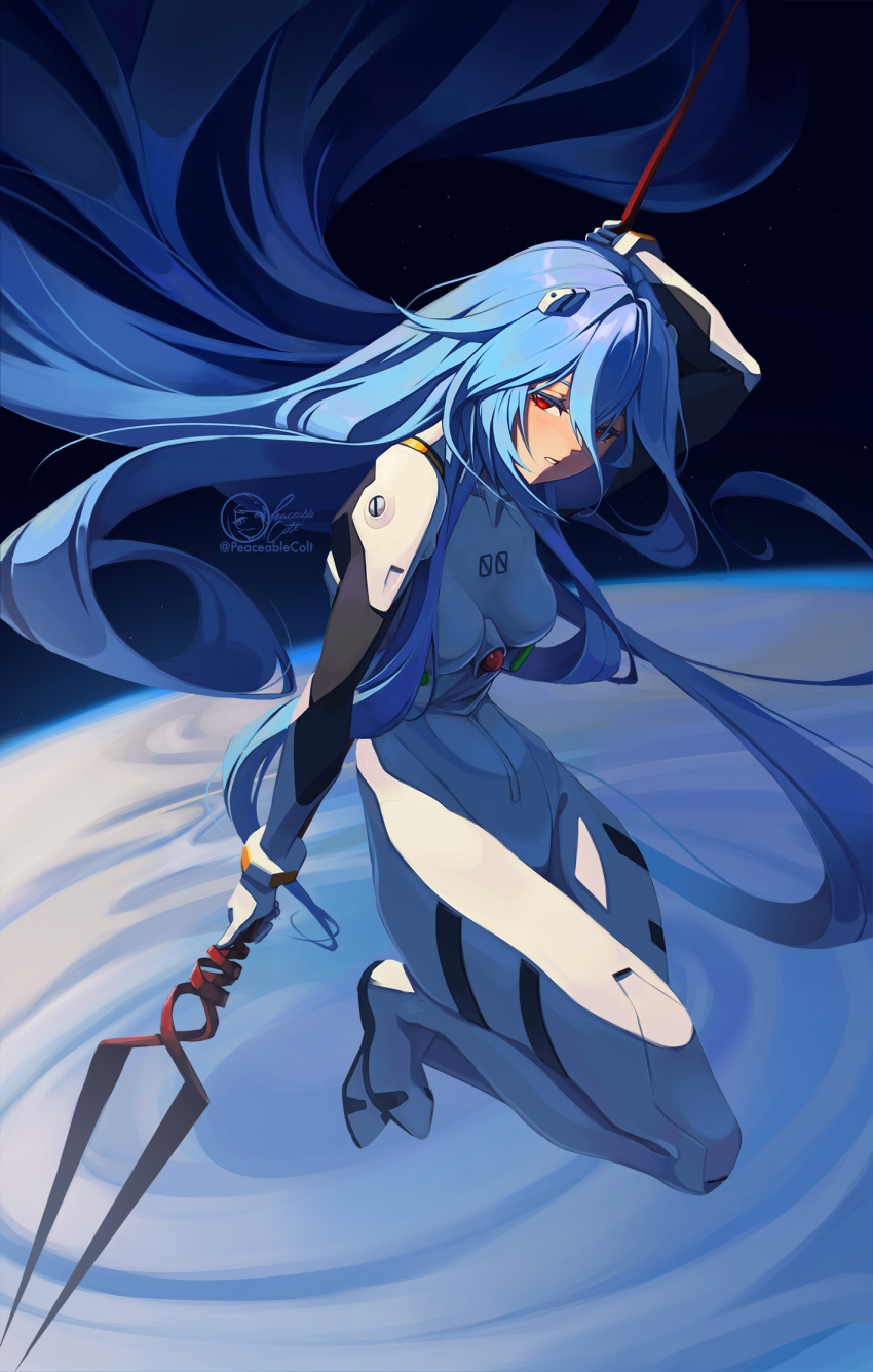 1girl arm_up artist_name ayanami_rei bangs blue_hair blue_theme bodysuit colored_eyelashes commentary english_commentary floating floating_hair from_above full_body hair_between_eyes hairpods highres holding holding_polearm holding_weapon interface_headset legs_folded long_bangs long_hair looking_at_viewer neon_genesis_evangelion parted_lips peaceablecolt plugsuit polearm red_eyes sky solo space star_(sky) starry_sky twitter_username very_long_hair watermark weapon white_bodysuit