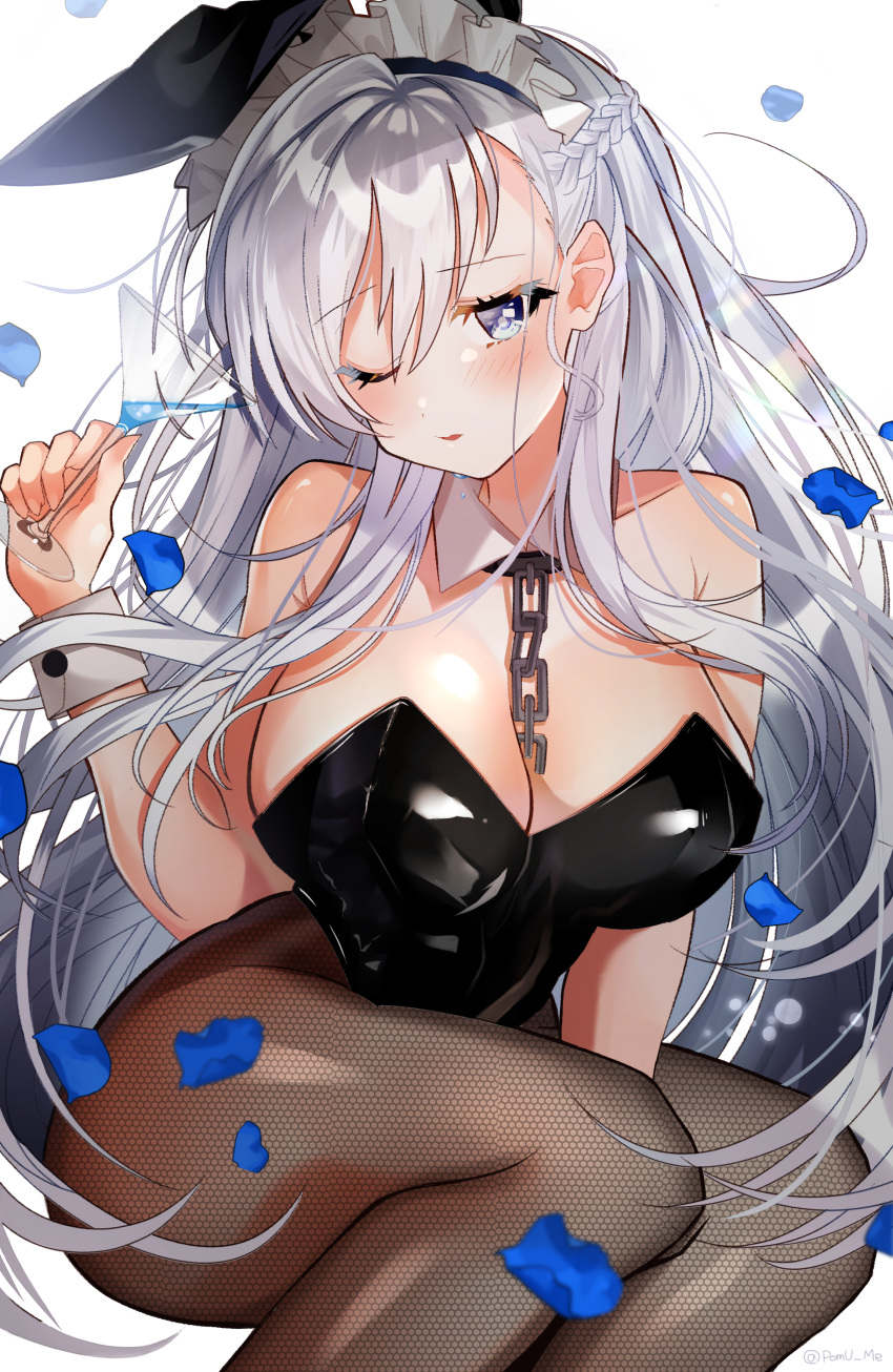 1girl absurdres alternate_costume animal_ears azur_lane bangs belfast_(azur_lane) between_legs black_leotard black_pantyhose blue_eyes blush braid breasts chain cleavage collar collarbone cup detached_collar fake_animal_ears fishnet_pantyhose fishnets floating_hair french_braid hand_between_legs highres holding holding_cup large_breasts leotard long_hair looking_at_viewer maid_headdress one_eye_closed open_mouth pantyhose petals playboy_bunny pomu_(pomu_me) rabbit_ears rabbit_tail sidelocks simple_background sitting solo tail thighs white_background wind wrist_cuffs