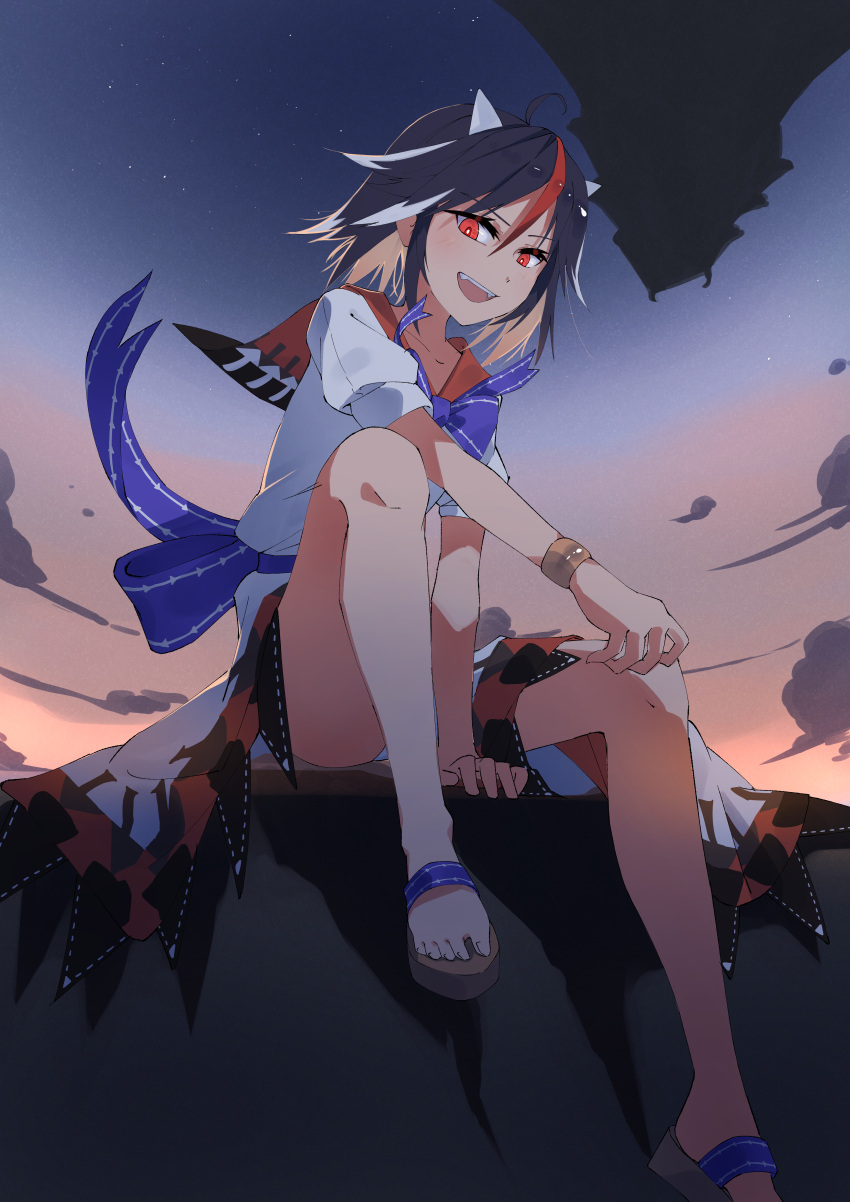 1girl :d absurdres black_hair bracelet bright_pupils cloud dress floating_castle full_body gradient_sky highres horns jewelry kakaricho_dairi kijin_seija looking_at_viewer multicolored_hair open_mouth outdoors red_eyes red_hair shining_needle_castle short_sleeves sitting sky smile solo streaked_hair touhou upside-down white_dress white_hair white_pupils