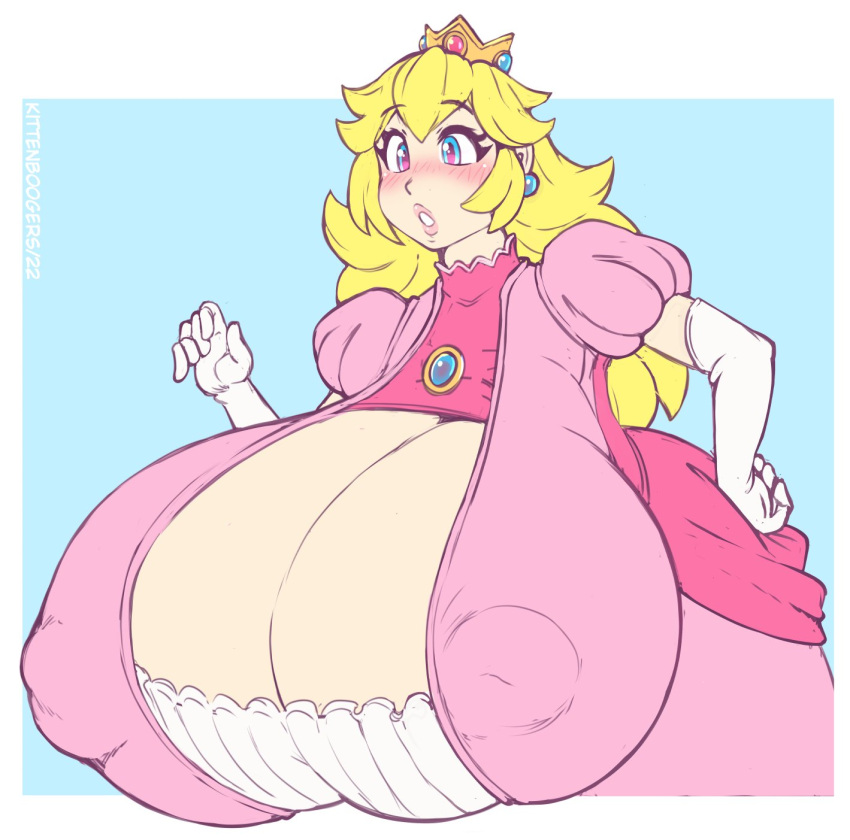 1girl blonde_hair blue_eyes blush breasts cleavage cleavage_cutout clothing_cutout crown earrings elbow_gloves gigantic_breasts gloves highres jewelry kittenboogers mario_(series) nintendo princess_peach solo