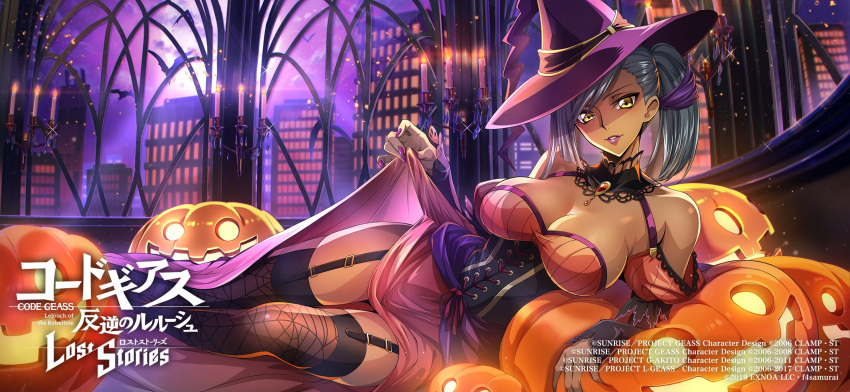 1girl bat_(animal) breasts building candle candlestand code_geass dark-skinned_female dark_skin grey_hair halloween hat highres jack-o'-lantern large_breasts looking_at_viewer moon official_art shiny shiny_hair shiny_skin solo villetta_nu window witch_hat yellow_eyes