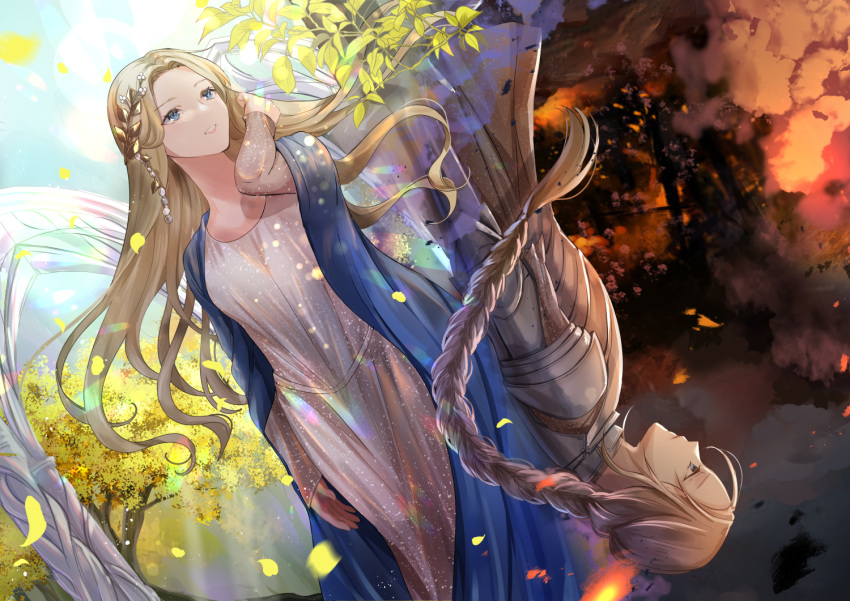 armor blonde_hair blue_eyes braid closed_mouth dress galadriel jewelry kusunokinawate leaf long_hair long_sleeves looking_up multiple_persona open_mouth reflection single_braid smile the_lord_of_the_rings tolkien's_legendarium tree