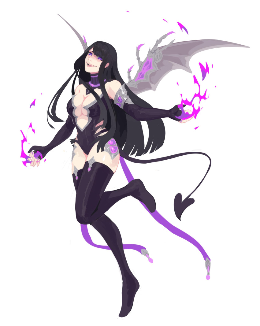 absurd_res armwear black_clothing black_hair black_legwear black_topwear breasts clothed clothing corzh77 female full-length_portrait grey_wings hair hi_res humanoid legwear light_body light_skin long_hair magic_user membrane_(anatomy) membranous_wings open_mouth open_smile portrait pupils purple_eyes simple_background smile solo three-quarter_view topwear unsigned white_background white_pupils wings