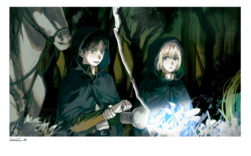 2boys armin_arlert bangs belt black_hair blonde_hair blue_eyes border brown_jacket chinese_commentary cloak collared_jacket collared_shirt commentary_request dark dated eren_yeager forest grass green_cloak hand_on_own_wrist highres holding holding_lamp hood hood_up hooded_cloak horse jacket lamp leaf long_sleeves looking_at_another male_focus multiple_boys nature night open_mouth outdoors parted_lips ramiica reins shingeki_no_kyojin shirt short_hair smile tree upper_body white_border white_shirt