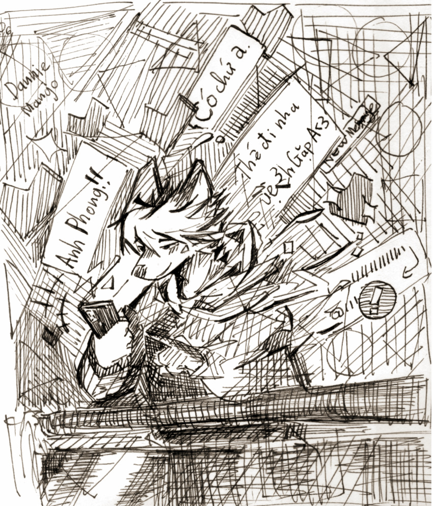 &lt;3 2d_artwork anthro blowing blush canid canine clothing danniemango dialogue fox gesture glass hair hatching_(art) hi_res hoodie leaning leaning_on_object looking_at_another looking_at_object looking_at_phone looking_down love male mammal message messy monochrome notification phone phone_call phong_(danniemango) pleased_expression pointing shaded shapes short_hair smile solo sparkles speech_bubble text topwear traditional_media_(artwork) vietnamese_text