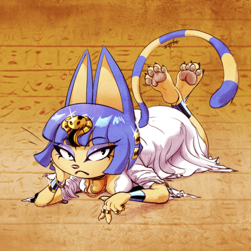 4_toes 5_fingers animal_crossing ankha_(animal_crossing) anthro barefoot blue_hair bracelet breasts calves_up claws cleavage clothed clothing crossed_ankles detailed_clothing domestic_cat dress egyptian feet feet_up felid feline felis female finger_ring fingers frown fur furgonomics hair hand_on_cheek hand_on_own_face hi_res hieroglyphics hindpaw humanoid_feet humanoid_hands jewelry kalasiris looking_at_viewer lying mammal markings narrowed_eyes necklace nintendo on_front pawpads paws pink_pawpads plantigrade ring scottytheman soles solo striped_markings striped_tail stripes tail_clothing tail_markings the_pose toe_claws toes unimpressed uraeus video_games white_clothing white_dress yellow_body yellow_fur