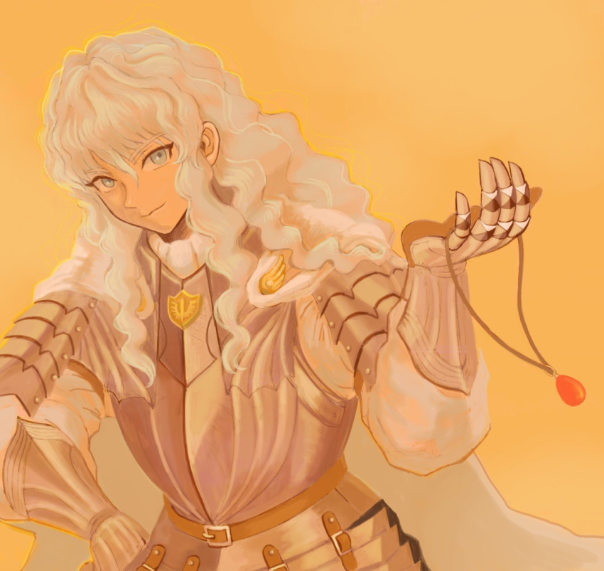 1boy 64275106 androgynous armor behelit belt berserk blue_eyes cape commentary commentary_request griffith_(berserk) hand_on_hip holding holding_jewelry holding_necklace jewelry long_hair looking_at_viewer male_focus necklace orange_background shoulder_armor simple_background solo wavy_hair white_cape white_hair