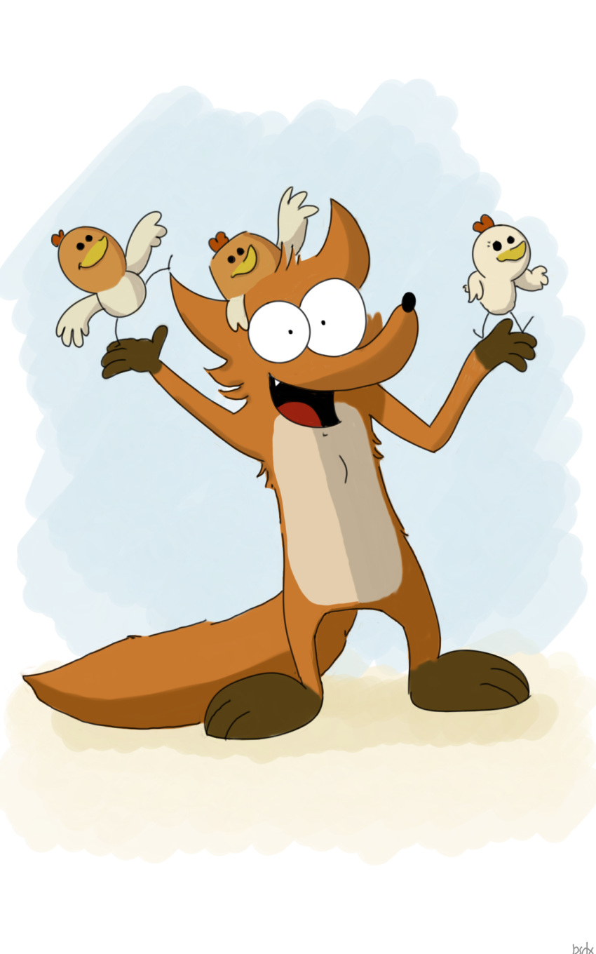 10:16 2021 4_fingers anthro avian baby_chicks_(the_big_bad_fox_and_other_tales) beak bird black_nose brown_body brown_fur bsdx canid canine chicken feathers fingers fox fox_(the_big_bad_fox_and_other_tales) full-length_portrait fur galliform gallus_(genus) group hi_res looking_at_viewer male mammal open_mouth phasianid portrait semi-anthro signature simple_background smile standing the_big_bad_fox_and_other_tales white_body white_feathers