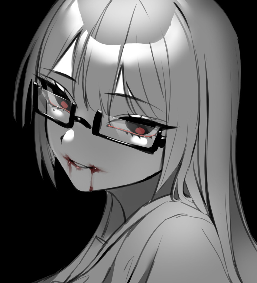 1girl bangs blood blood_from_mouth eyelashes from_side glasses head_tilt highres long_hair looking_at_viewer looking_to_the_side mole mole_under_eye monochrome original parted_lips portrait semi-rimless_eyewear simple_background sketch smirk solo spot_color straight_hair under-rim_eyewear xxkakubixx