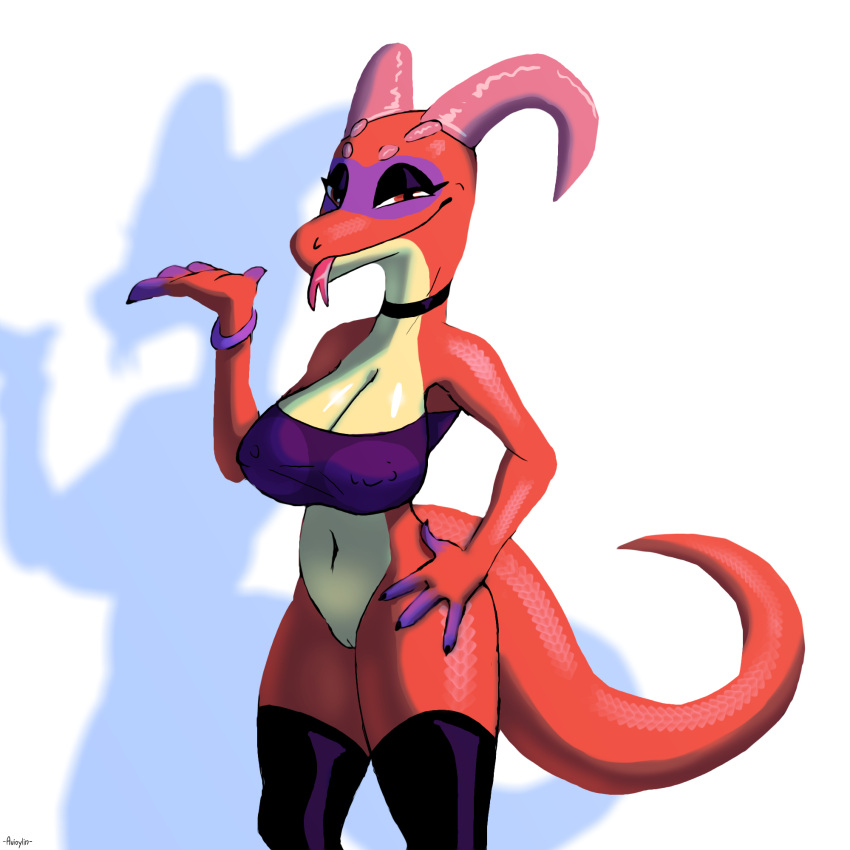 1:1 anthro avioylin bedroom_eyes big_breasts breasts choker cleavage clothed clothing covered_breasts female genitals hi_res horn jewelry kobold legwear looking_at_viewer narrowed_eyes necklace partially_clothed pussy rubber seductive solo standing thick_thighs thigh_highs tongue tongue_out