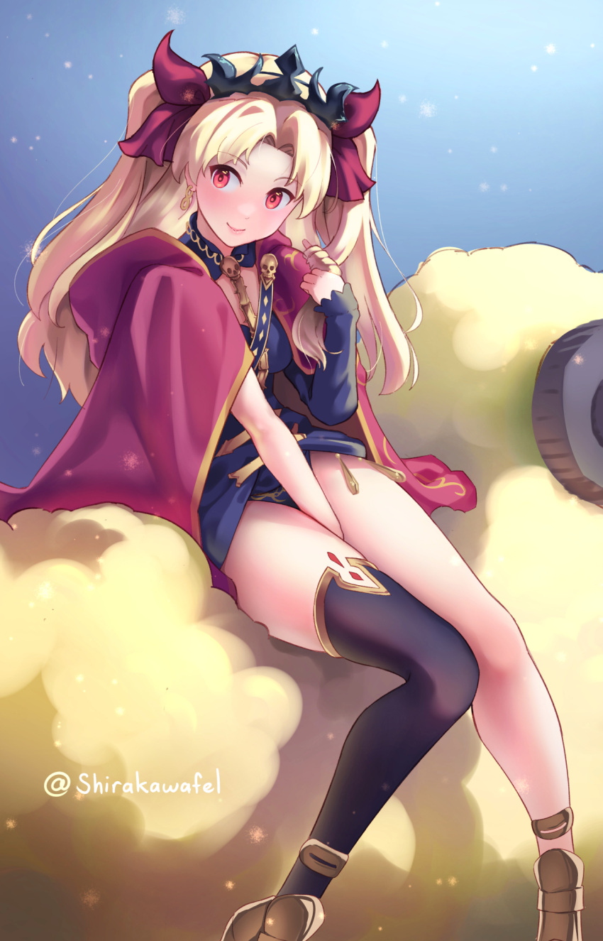 1girl artist_name between_legs black_thighhighs black_tiara blonde_hair blush cloak dumuzid_(fate) earrings ereshkigal_(fate) fate/grand_order fate_(series) gold_footwear gold_trim hair_ribbon hand_between_legs highres hood hooded_cloak hoop_earrings jewelry long_hair pink_lips red_cloak red_eyes red_ribbon ribbon sheep shirakawafel signature simple_background single_sleeve single_thighhigh sitting sitting_on_animal skull skull_collar snowflakes solo spine thighhighs twitter_username