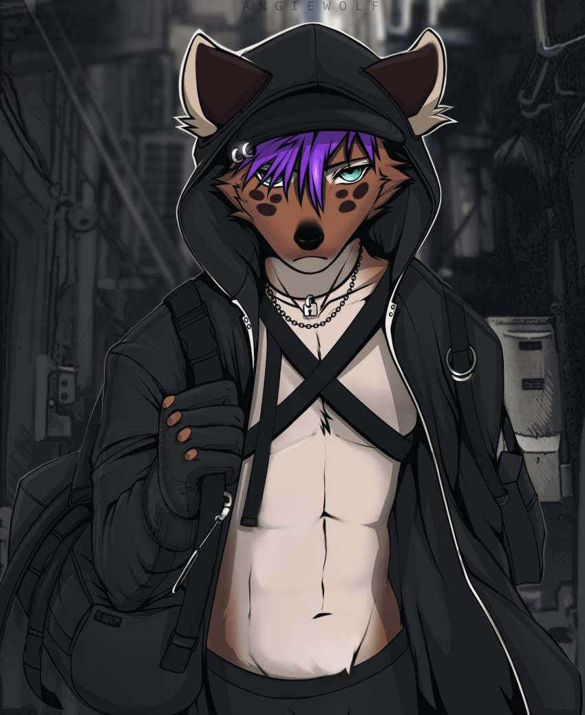 2022 alley angiewolf anthro bare_chest black_bottomwear black_clothing black_hoodie black_topwear blurred_background bottomwear city clothing domestic_cat felid feline felis hair hi_res holding_object hoodie looking_at_viewer male mammal purple_hair shoulder_bag skyscraper solo topwear