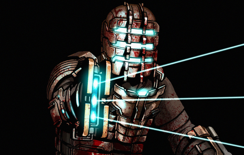 armor black_background blood blood_on_clothes blood_splatter dead_space full_armor gun hand_up highres holding holding_gun holding_weapon isaac_clarke jazz_jack plasma_cutter power_suit simple_background spacesuit standing upper_body weapon