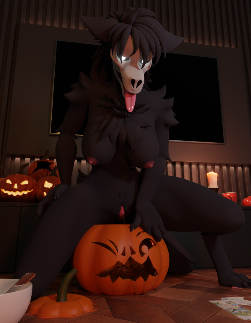 anthro black_body black_fur bodily_fluids bone breasts canid canine crouching ears_down female food fruit fur genital_fluids genitals hair halloween hi_res holidays inside jack-o'-lantern malo mammal monster nipples nude open_mouth paws peeing pivoted_ears plant pumpkin pussy relieved scp-1471 scp-1471-a scp_foundation skull skull_head solo tongue tongue_out urine urine_stream video_games watersports