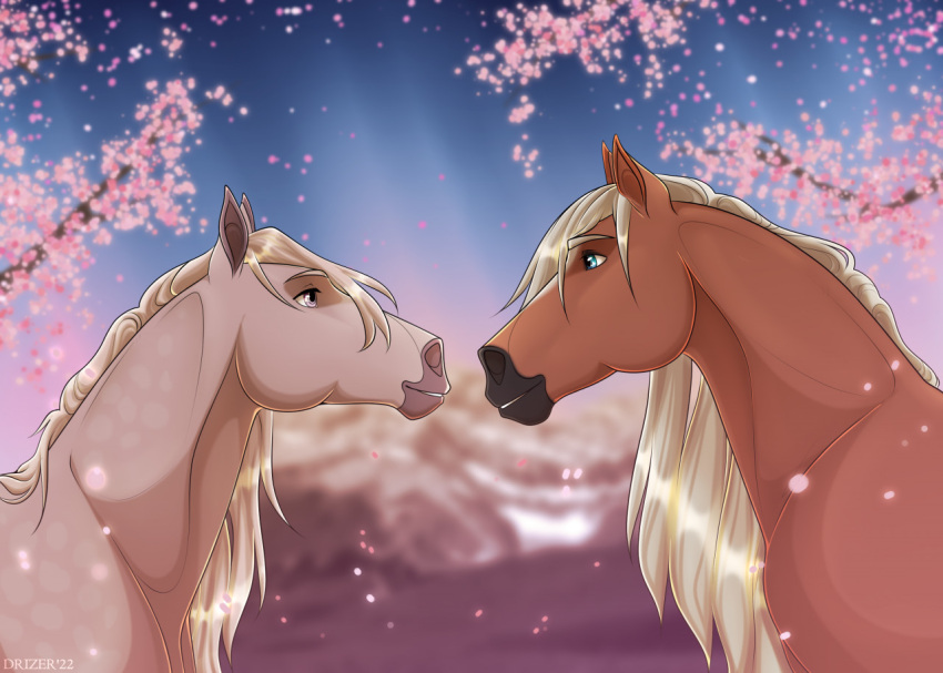 anatomically_correct blue_eyes dolehest drizer duo equid equine facial_markings female feral flower head_markings horse icelandic_horse love male male/female mammal markings mary_(bloopertrooper) maxym_(bloopertrooper) petals pink_flower pink_petals plant purple_eyes romantic romantic_ambiance romantic_couple stare staring_into_eyes