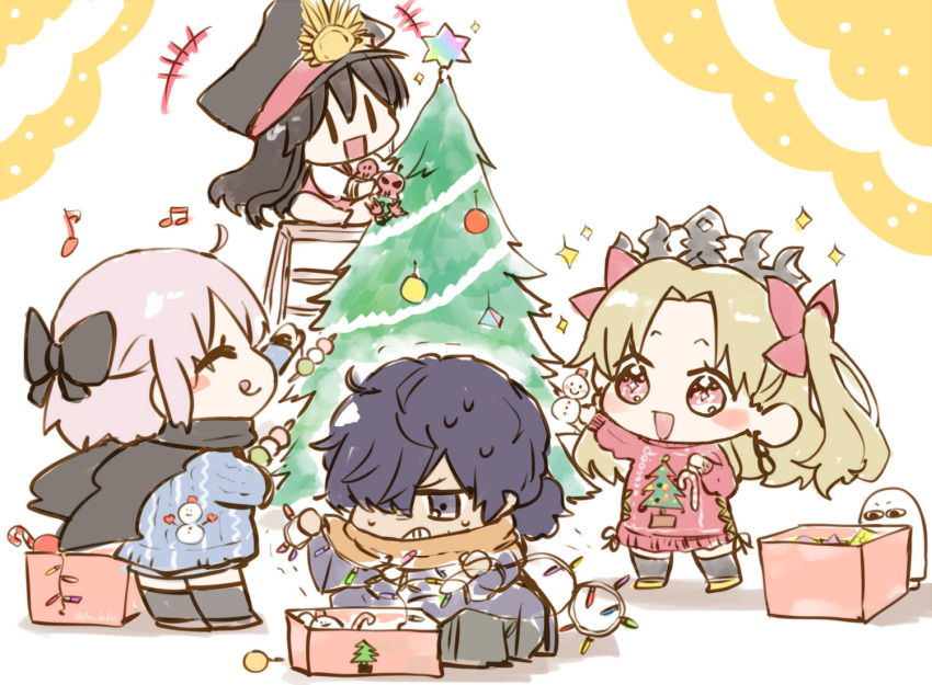 1boy 1other 3girls alternate_costume angry aruti black_hair black_scarf black_tiara blonde_hair candy candy_cane chibi christmas christmas_lights christmas_ornaments christmas_sweater christmas_tree earrings ereshkigal_(fate) fate/grand_order fate_(series) food hair_ribbon hoop_earrings jewelry long_hair medjed_(fate) multiple_girls musical_note oda_nobunaga_(fate) oda_nobunaga_(swimsuit_berserker)_(fate) okada_izou_(fate) okita_souji_(fate) red_eyes red_ribbon ribbon saint_quartz_(fate) saint_quartz_fragment scarf simple_background skull snowman sparkle sweatdrop tongue tongue_out