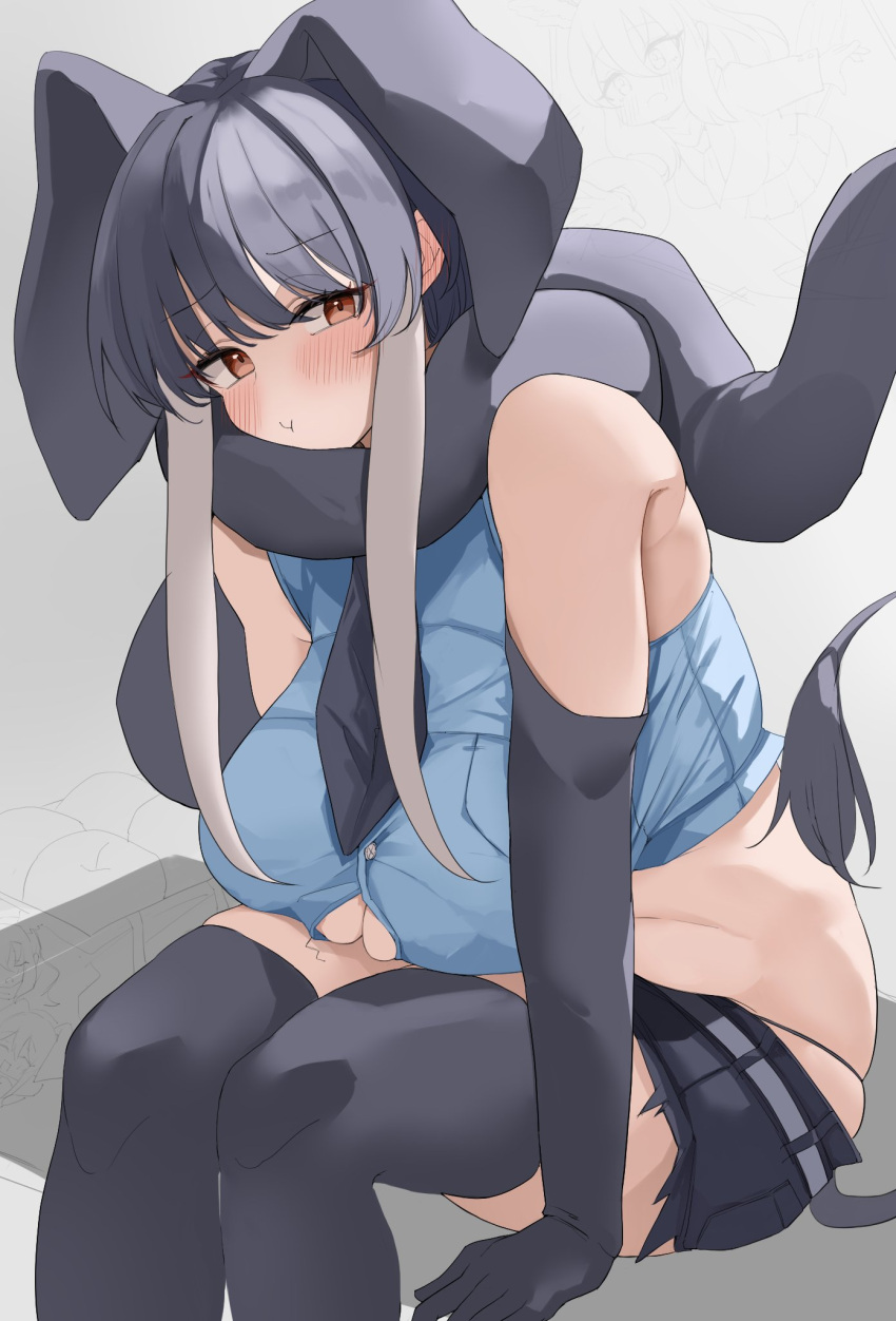 1girl :t african_elephant_(kemono_friends) animal_ears bangs bare_shoulders belly belt blush breast_pocket breasts brown_eyes buchibussei button_gap buttons closed_mouth cropped_shirt cutoffs elbow_gloves elephant_ears elephant_girl elephant_tail extra_ears gloves grey_hair highres kemono_friends large_breasts leaning_forward looking_at_viewer midriff multicolored_hair necktie plump pocket pout scarf shirt short_shorts shorts sidelocks sitting skindentation solo stomach tail thighhighs two-tone_hair white_hair