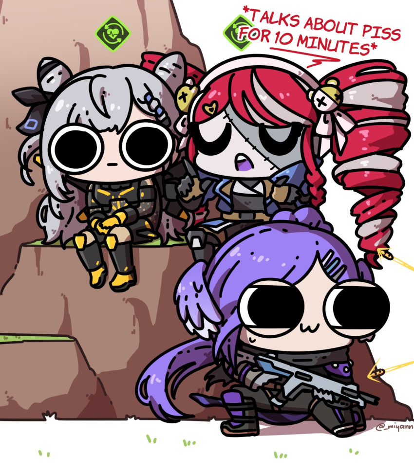 3girls :3 apex_legends assault_rifle bangs black_scarf blue_jacket chibi closed_eyes colored_skin cone_hair_bun cosplay deep_current_wattson drill_hair english_commentary english_text expressionless grey_hair grey_skin gun hair_bun hairband half-closed_eyes highres holding holding_gun holding_weapon hololive hololive_indonesia jacket kureiji_ollie miyan_(oceanmaiden) multicolored_hair multiple_girls nijisanji nijisanji_en parted_bangs purple_hair r-301_carbine red_hair rifle scarf selen_tatsuki sitting squatting stitched_face stitches streaked_hair twin_drills udin_(kureiji_ollie) valkyrie_(apex_legends) valkyrie_(apex_legends)_(cosplay) vestia_zeta virtual_youtuber wattson_(apex_legends) wattson_(apex_legends)_(cosplay) weapon white_hairband wraith_(apex_legends) wraith_(apex_legends)_(cosplay)