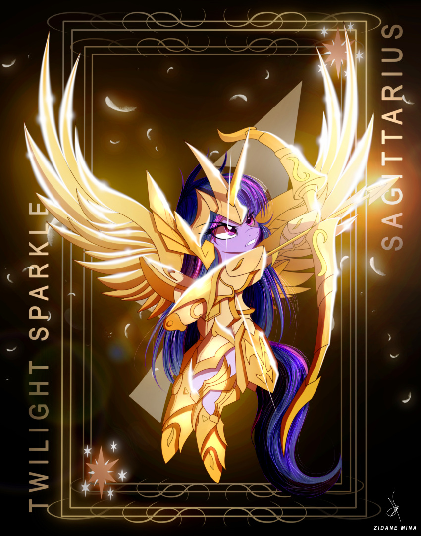 2021 absurd_res armor arrow_(weapon) blue_body bow_(weapon) cosplay crossover crossover_cosplay cutie_mark english_text equid equine feathers female feral flying friendship_is_magic glowing gold_(metal) hair hasbro hi_res horn mammal multicolored_hair my_little_pony pink_hair princess_twilight_sparkle_(mlp) purple_hair ranged_weapon saint_seiya signature simple_background solo spread_wings text weapon western_zodiac winged_unicorn wings zidanemina