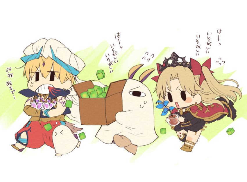 1boy 2girls aruti black_tiara blonde_hair blush bronze_sapling_(fate) carrying chibi clenched_teeth cloak earrings ereshkigal_(fate) fate/grand_order fate_(series) flying_sweatdrops gilgamesh_(caster)_(fate) gilgamesh_(fate) gold_trim hair_ribbon hoop_earrings jewelry long_hair mana_prism medjed_(fate) multiple_girls nitocris_(fate) nitocris_(swimsuit_assassin)_(fate) open_mouth red_cloak red_ribbon ribbon skull sweatdrop teeth translation_request